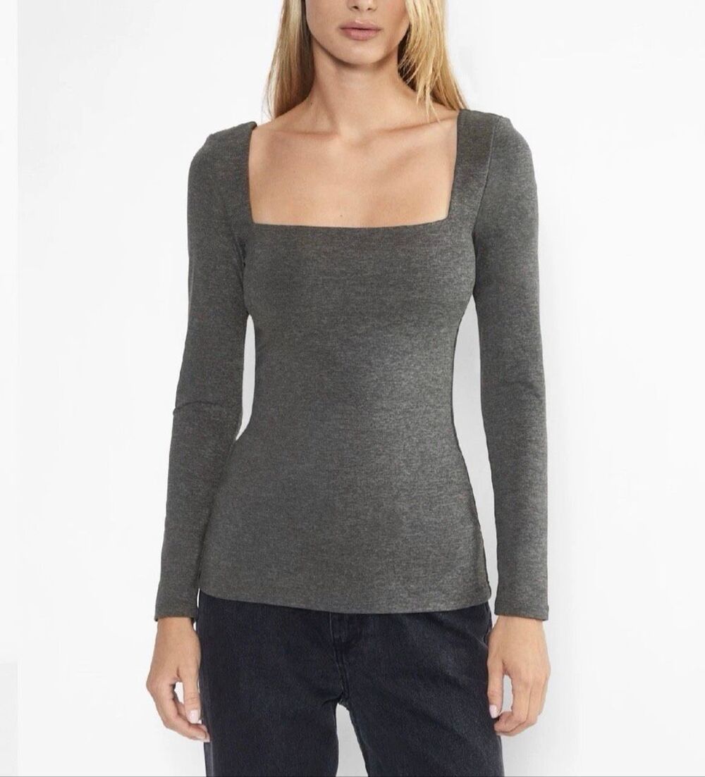 Aritzia Contour Women's Square Neck Hip Long Sleeve Top Heather Gray XL NEW